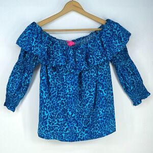 Lilly Pulitzer Beatrix Off Shoulder Top Womens XL Blue Leopard Mobwife Ruffle
